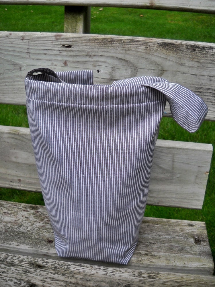 Cotton Knitting Bag, Crochet Tote Bag, Brown and white pinstripe, Lined n Padded, Drawstring, Pockets, WIP or KIP bag - Free Shipping