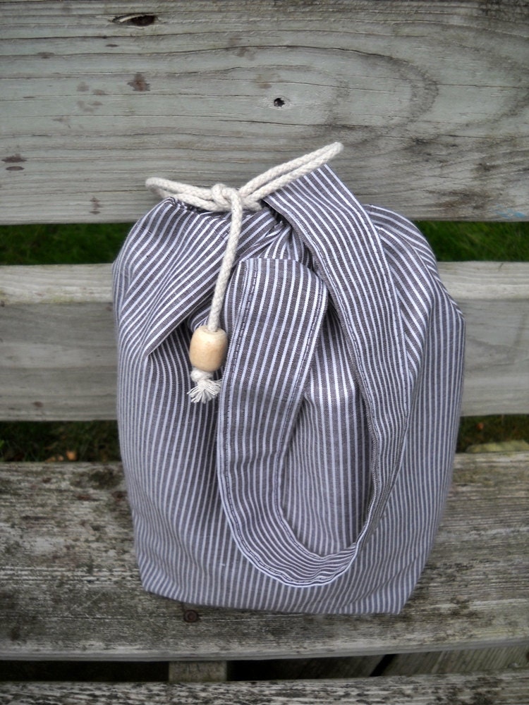 Cotton Knitting Bag, Crochet Tote Bag, Brown and white pinstripe, Lined n Padded, Drawstring, Pockets, WIP or KIP bag - Free Shipping