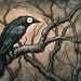 Signed and matted print of original Black Bird VIII watercolour painting by Eden Bachelder, ready to frame. Raven, crow, corvid.