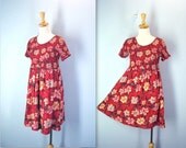 80s Summer Beach Dress / Red Floral Smocked Dress