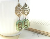 Sage green glass earrings antiqued brass filigrees summer fashion - pamelasjewelry