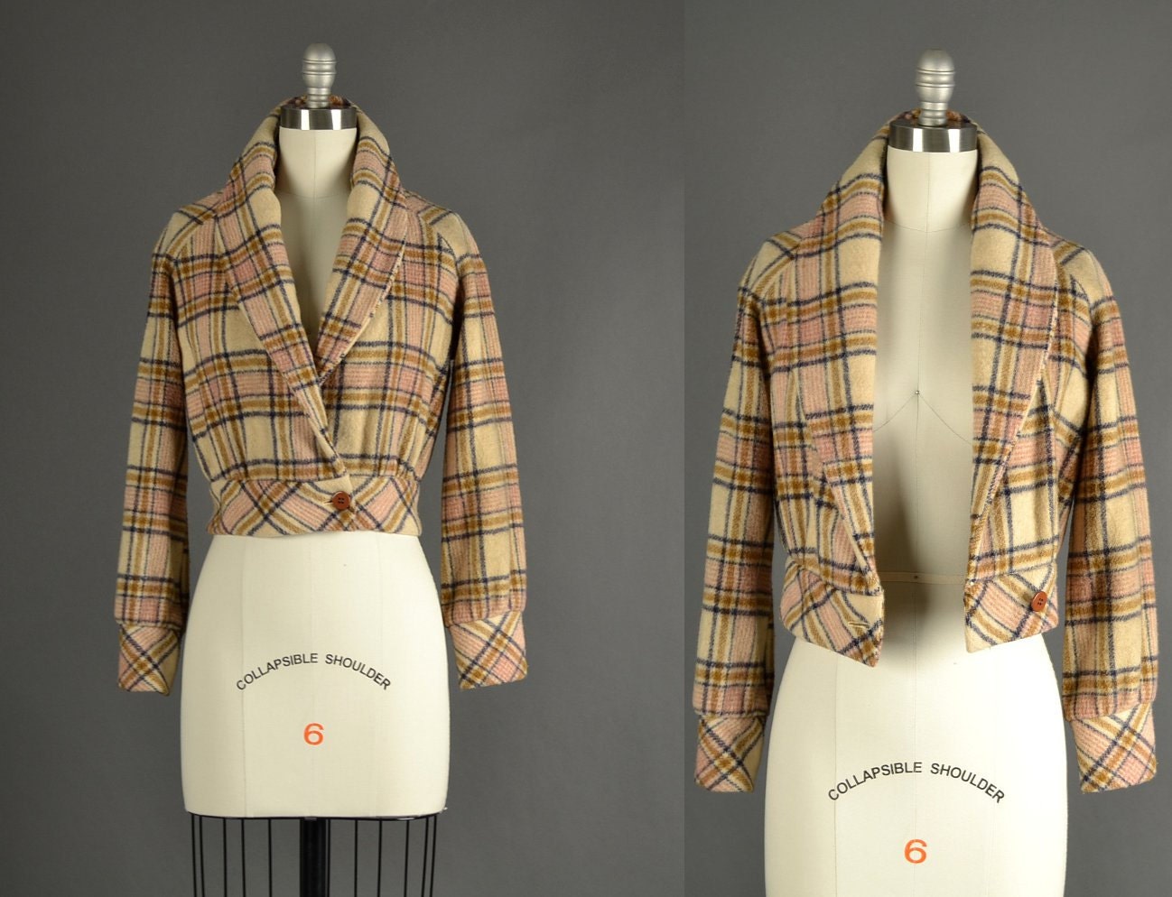 RESERVED ........1960s Jacket plaid wool cropped tartan plaid beige rose mod