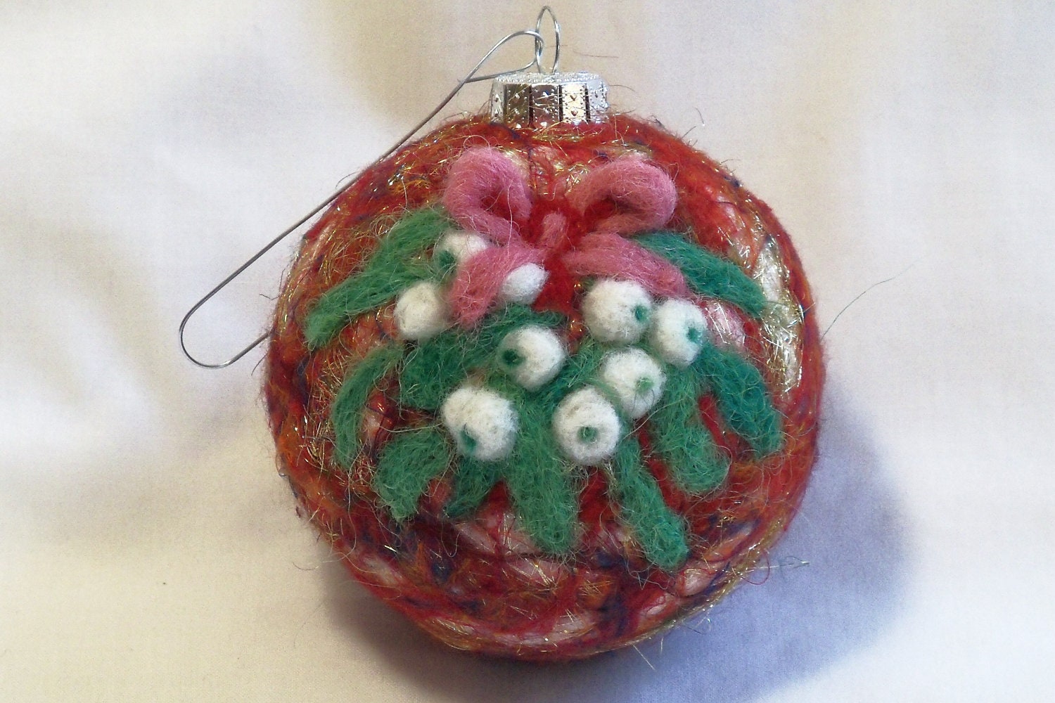 Needle Felted Christmas Ornament - Mistletoe - Recycled Sari Silk
