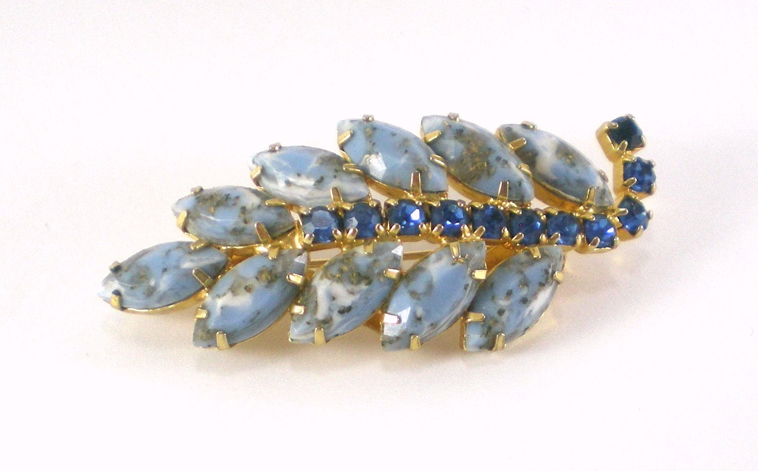 Leaf Brooch  With Blue Rhinestones Mad Men Style Vintage Jewelry Vintage Accessories