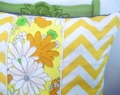 Decorative Throw Pillow Cover, Yellow Chevron, Vintage Floral