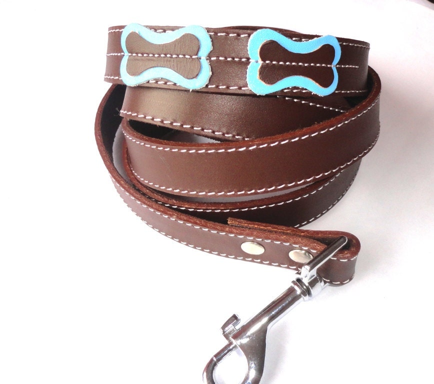 Cool Leather leash lead Brown with light blue bones