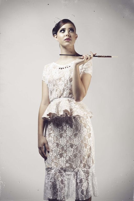 White Lace and Nude Fitted Dress with Removable Peplum