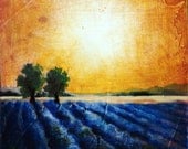 Lavender Fields with yellow sky sunburst over lavender fields 5 x 5 inches original oil painting on board