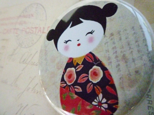 Pocket Mirror - Kokeshi Doll with Red dress