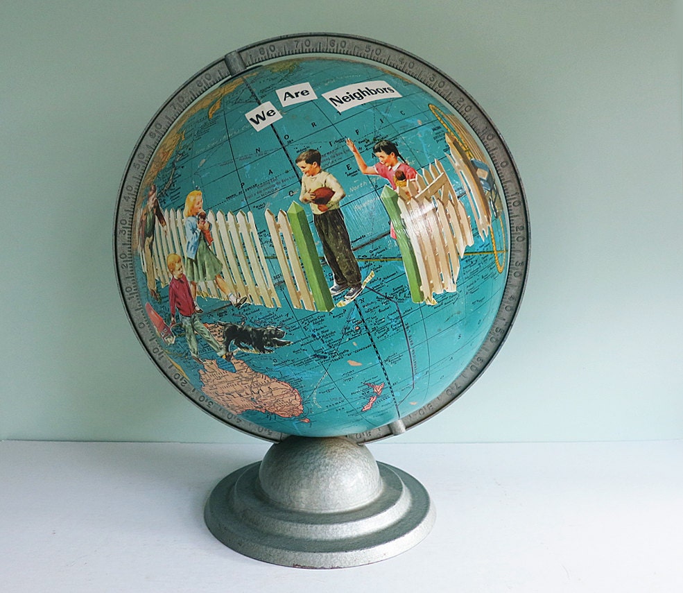 We Are Neighbors, a Handmade Decoupaged Altered Art Globe