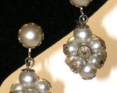 Vintage Earrings Faux Pearl Cluster Bead Dangle Drops Gold Tone Loop Clips