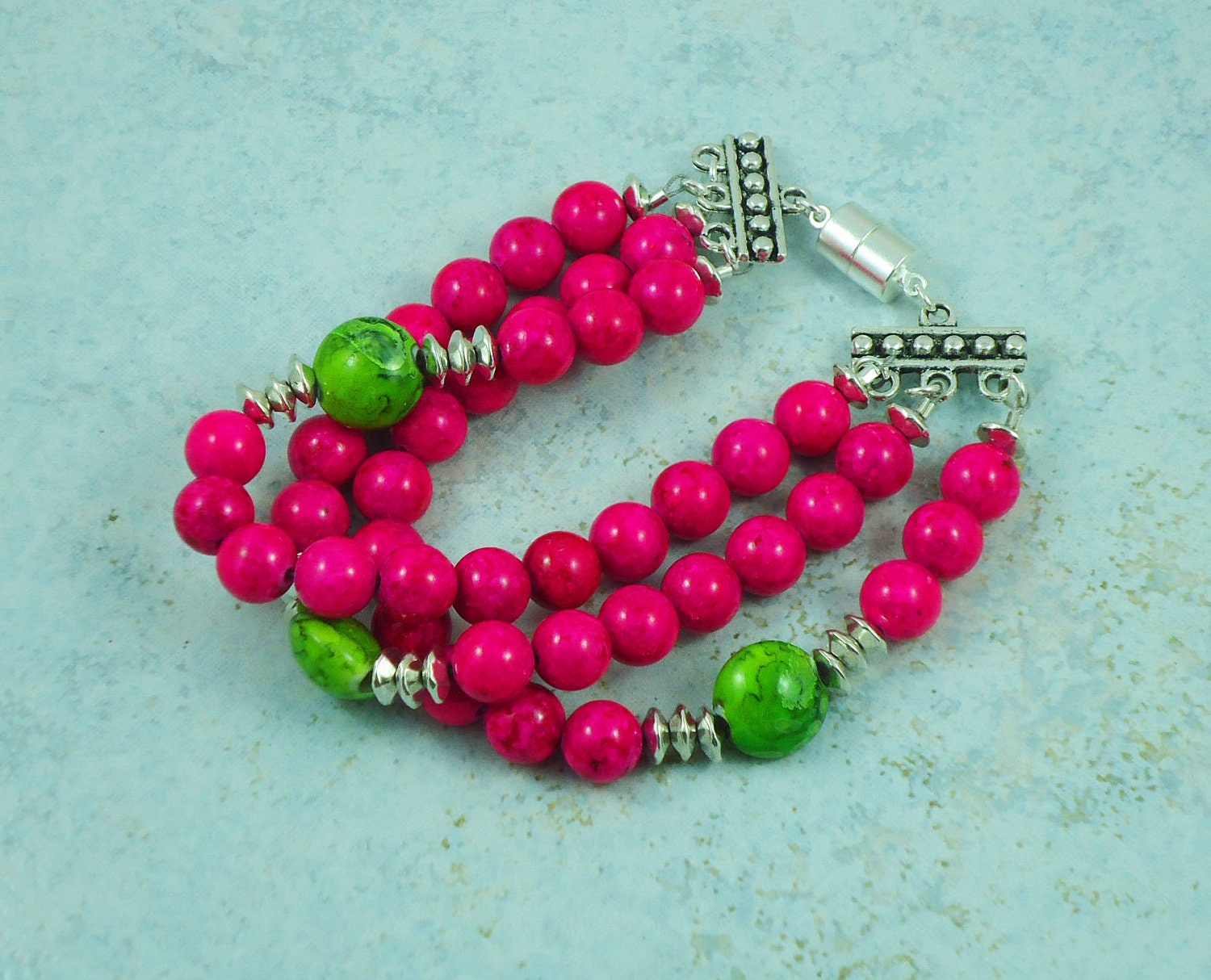 Triple Strand Magnetic Clasp Bracelet  Hot Pink Lime Green