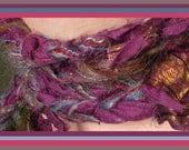 Knit scarf: Naples fuzzy skinny boho tattered women's long multicolor crochet silk mohair wool, purple magenta teal gray pink blue i582