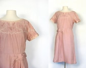 1950s Pink Dress / 50s Party Dress / Dusty Rose Quartz / L XL