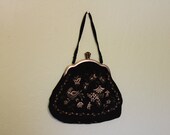 30s 40s embroidered Asian motif black silver thread frame purse