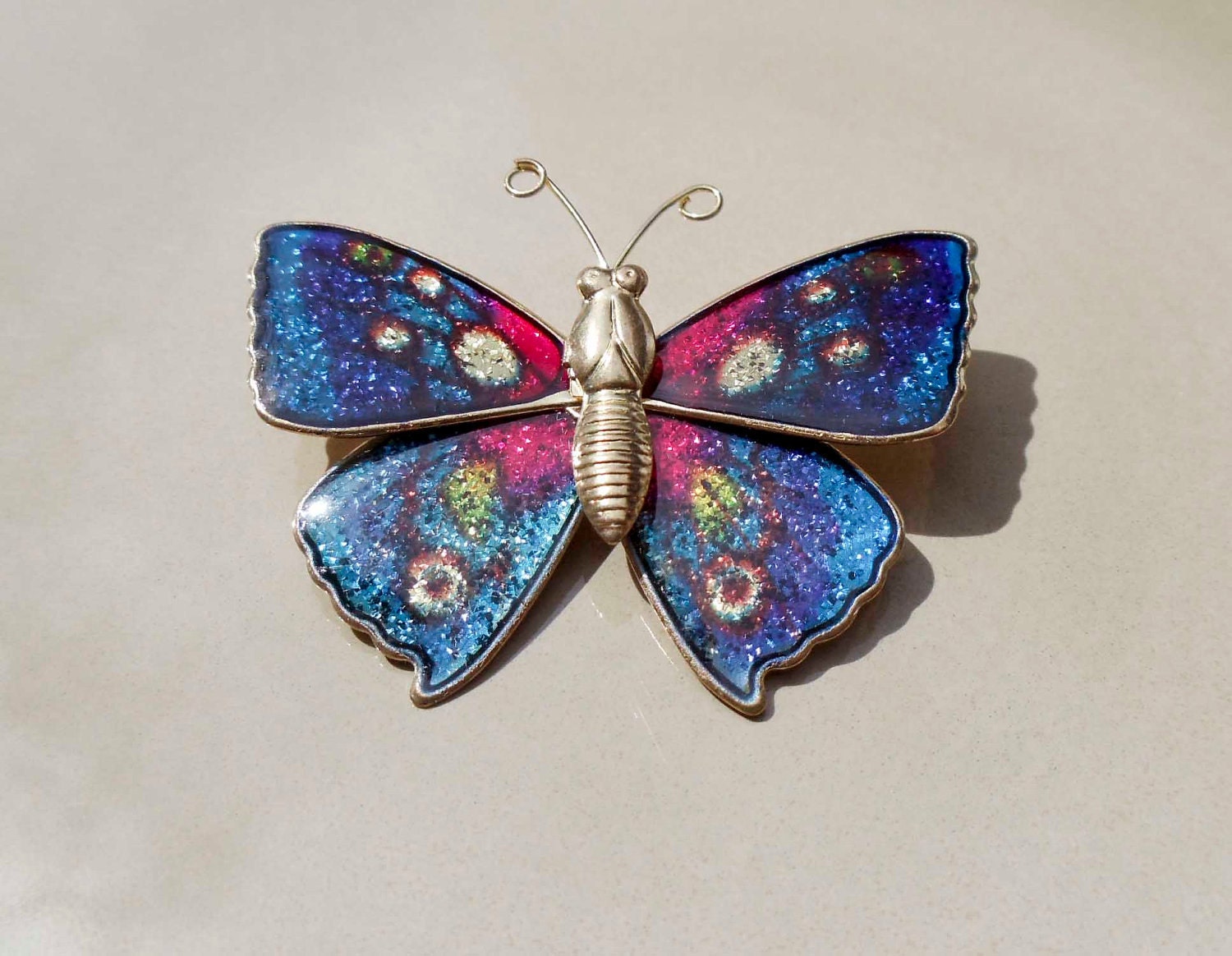 Vintage gold blue butterfly brooch