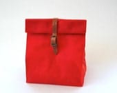 Bright Orange Red Waxed Canvas Lunch Bag Tote with leather strap and buckle