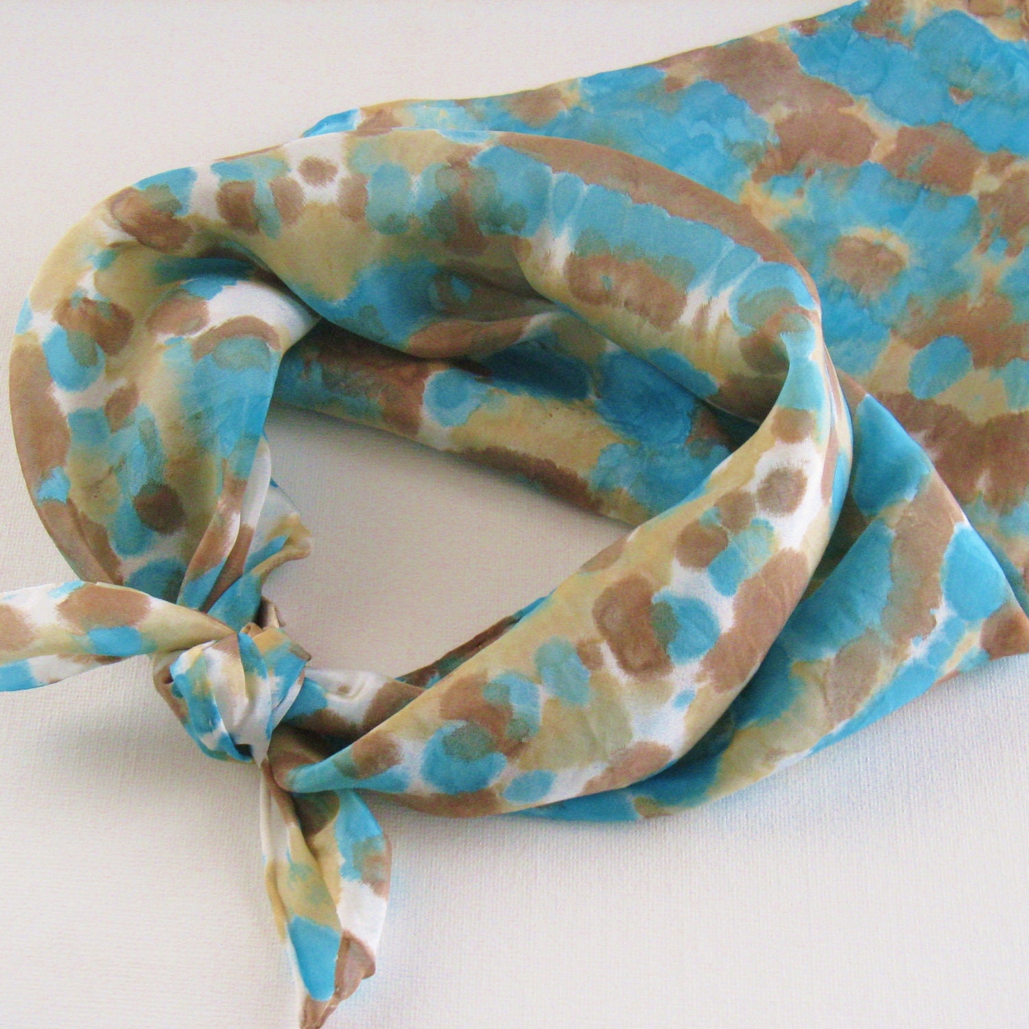 Silk Square Scarf - Beach - Hand Painted Ladies Scarves Bandana Tie Dyed Turquoise Blue Brown Tan White