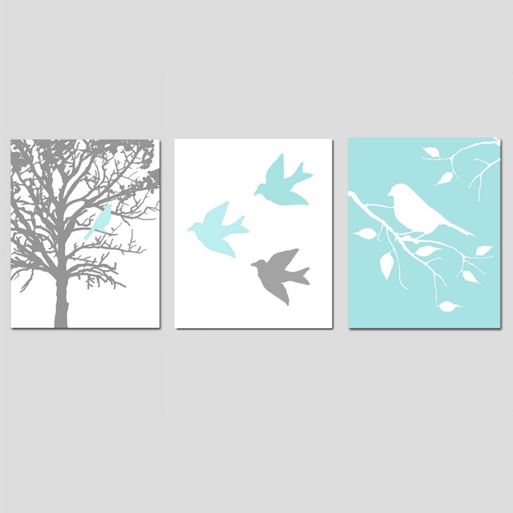 Nursery Art Prints - Modern Bird Trio - Set of Three 11x14 Prints - Nursery Art - Choose Your Colors - Shown in Gray, Pale Aqua, and More