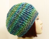 Soft and Cozy Wool Blend  Ribbed Beanie in Multi-Color Blues, Greens  - Hand Crocheted