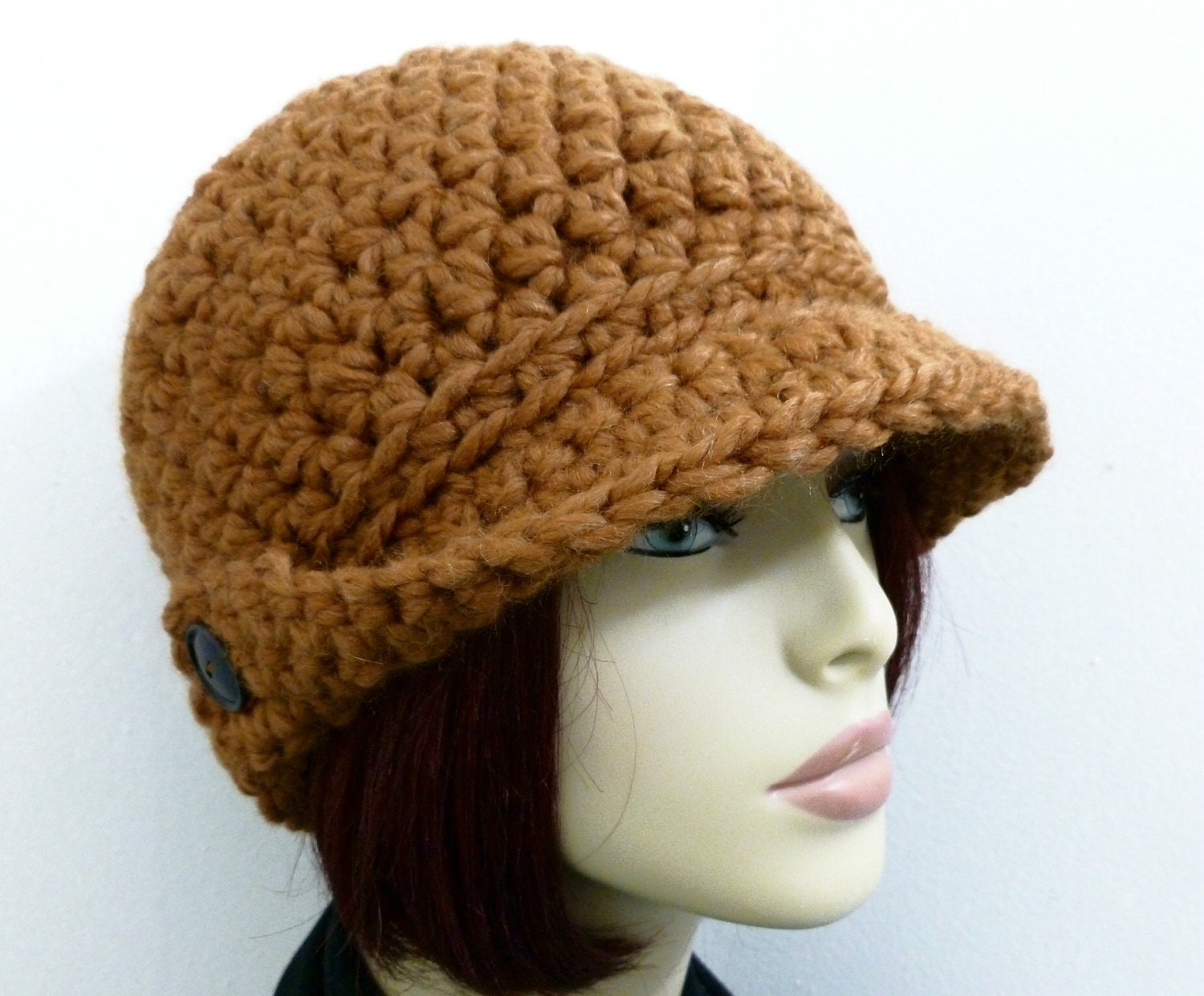Chunky Wing-Brimmed Beanie in Hazelnut Brown -  Wool Blend - Hand Crocheted