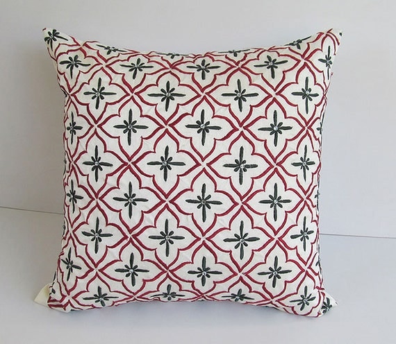 off white decorative pillow cover with red and green diamond embroidery and stone work 18 inch