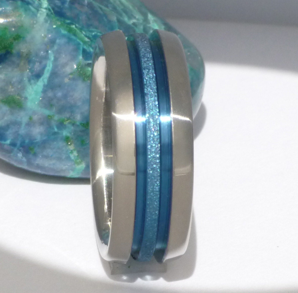 Thin Blue Line and Frost Titanium Wedding Band - b16