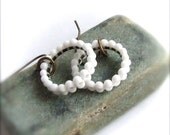 SALE - Glass Bead Woven Brass - Beadwoven Earrings -Little Hoops in White -