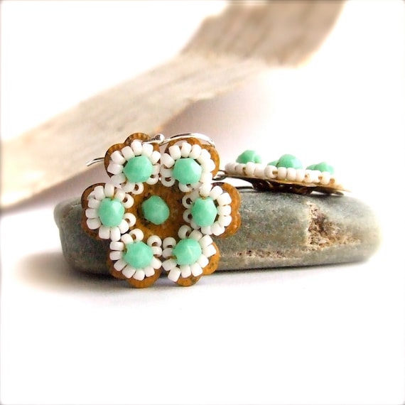 Mustard Patina, Glass Beaded, Flower -Beadwoven Earrings -Petalage in Mint, White and Mustard -Jewellery