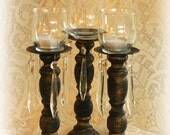 Trio Black Glass Votive Candle Holders Crystals Candlesticks French Country Paris Apartment Cottage Chic