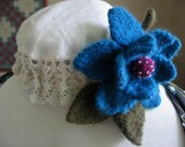 Beaded Bobble Brooch Teal Felted Flower Pin in Wool Handmade Wool Fiber Jewelry from Textilesone Ready to Ship