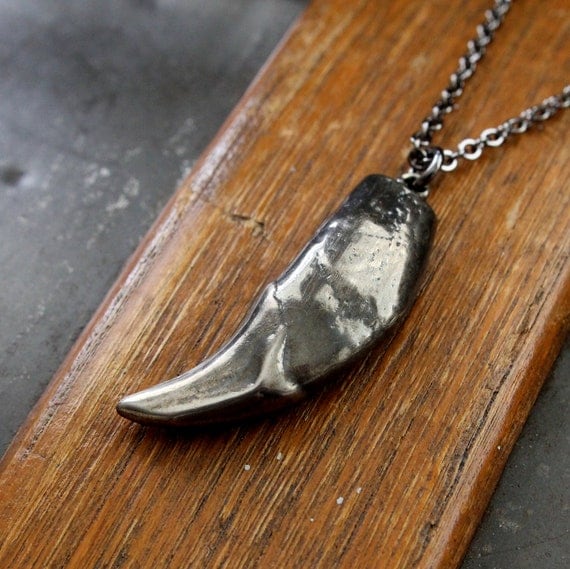 Antique Silver Wolf Tooth Necklace in Solid White Bronze - Alaskan Timber Wolf Canine Fang
