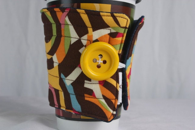 cup sleeve, cup cozy handmade quilted reusable fabric coffee cup sleeve: geometric pinks and browns