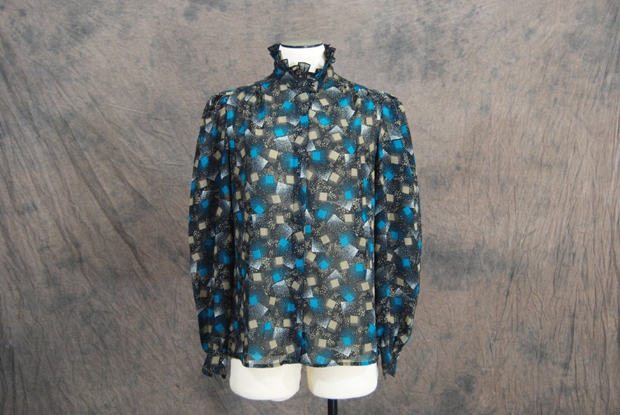 SALE vintage 70s Sheer Blouse - Black Geometric Squares Shirt - Sz M L