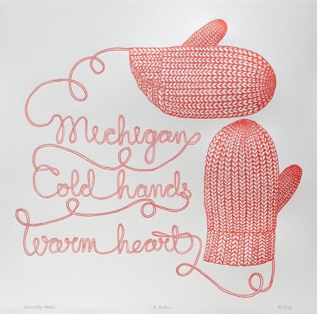 Mitten State of Mind (Warm Red), Letterpress Print