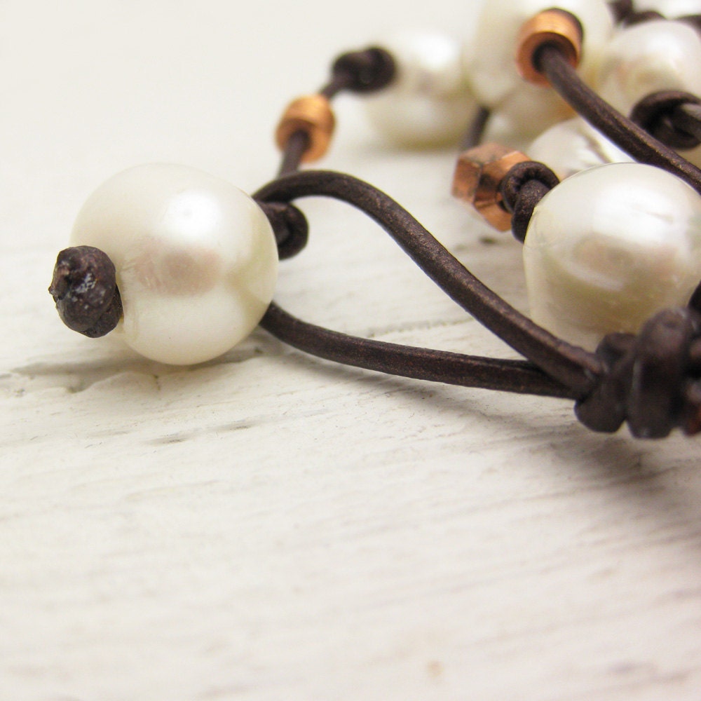 Pearl Copper Leather Wrap Bracelet Necklace / metallic maroon ivory cream white convertible eco friendly / ocean nautical sea fall inspired