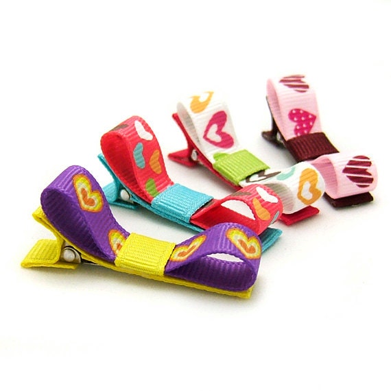Heart Hair Clips, Rainbow Hearts Tuxedo Bows, Set of 4, Hearts Hairbow Set, Baby, Toddler Girls