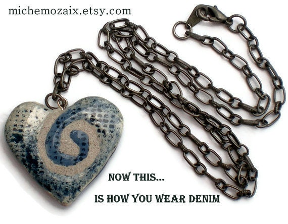 Blue Denim Twisted Spiral REVERSIBLE Clay Heart Pendant Necklace