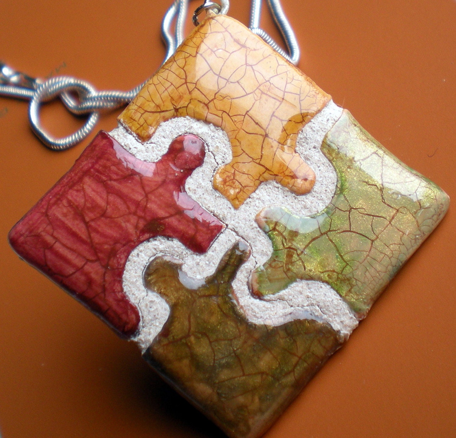 Puzzle Piece Necklace REVERSIBLE Diamond shaped Fall Colors