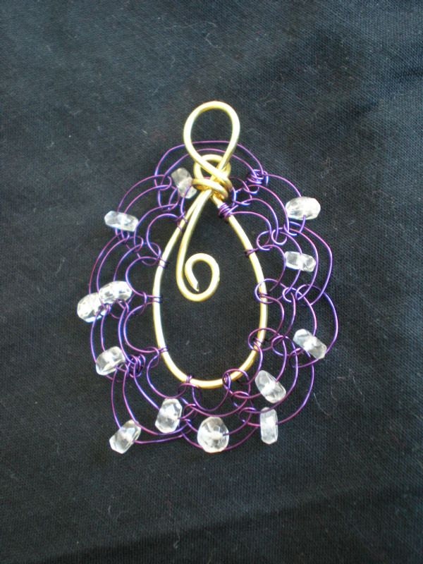VIKING KNIT Flower Pendant with Faceted Quartz Dew Drops- Purple Plated Copper with Brass Center - Energy - Healing - Power
