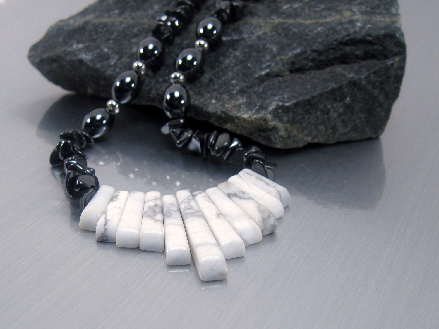 Howlite and Hematite Gemstone Necklace - "Dragon's Draw" Charcoal Gray and White Stone Necklace, Earthy Jewelry, Bib Necklace