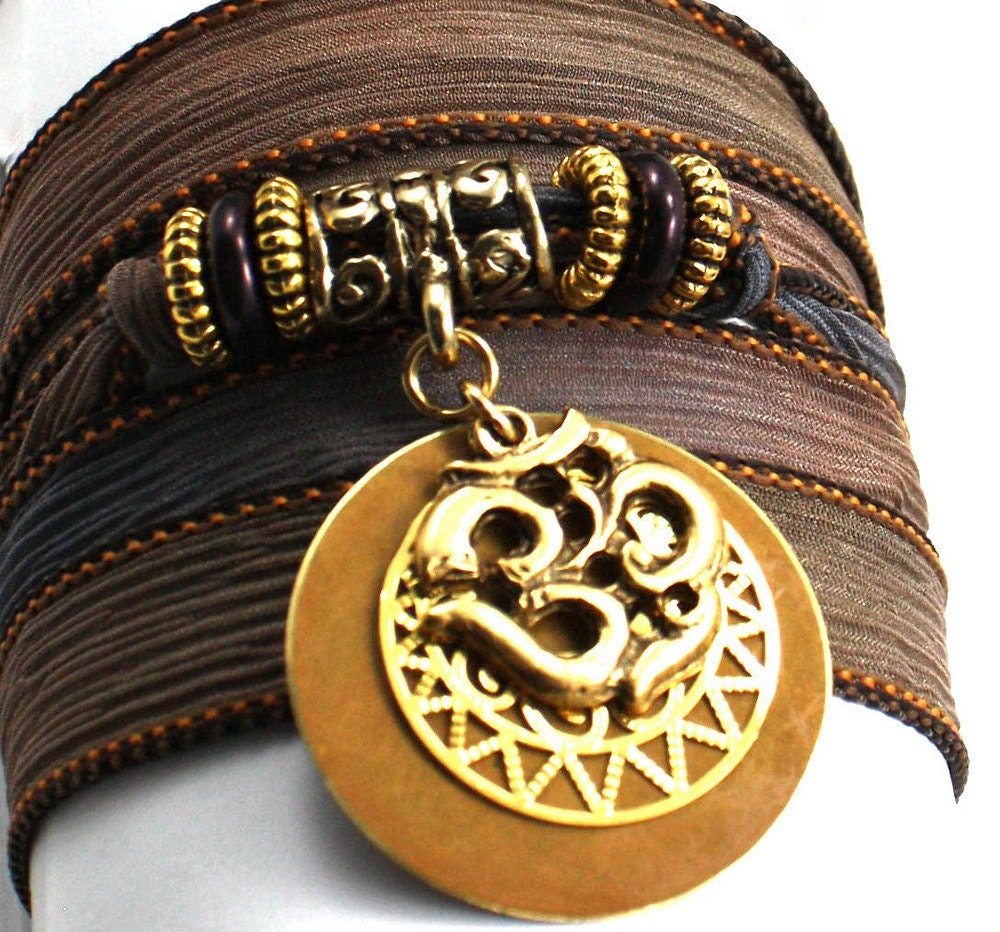 Silk Wrap Yoga Jewelry Bracelet -Copper Canyon with Antique Om and Smoky Topaz Swarovski Crystals - anjalicreations