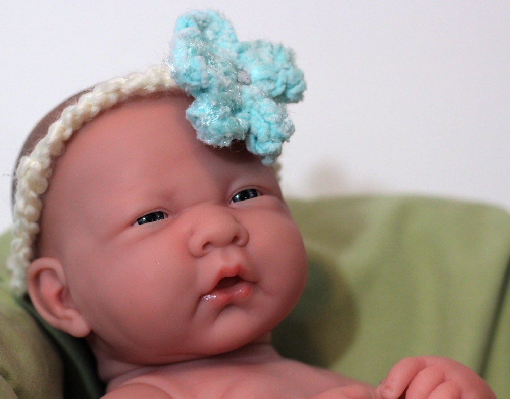Newborn Baby Headband with Flower - Soft Blue & White