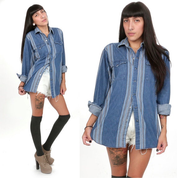 70's Denim Western Shirt M/L Striped Oversized Boyfriend Button Down Blouse