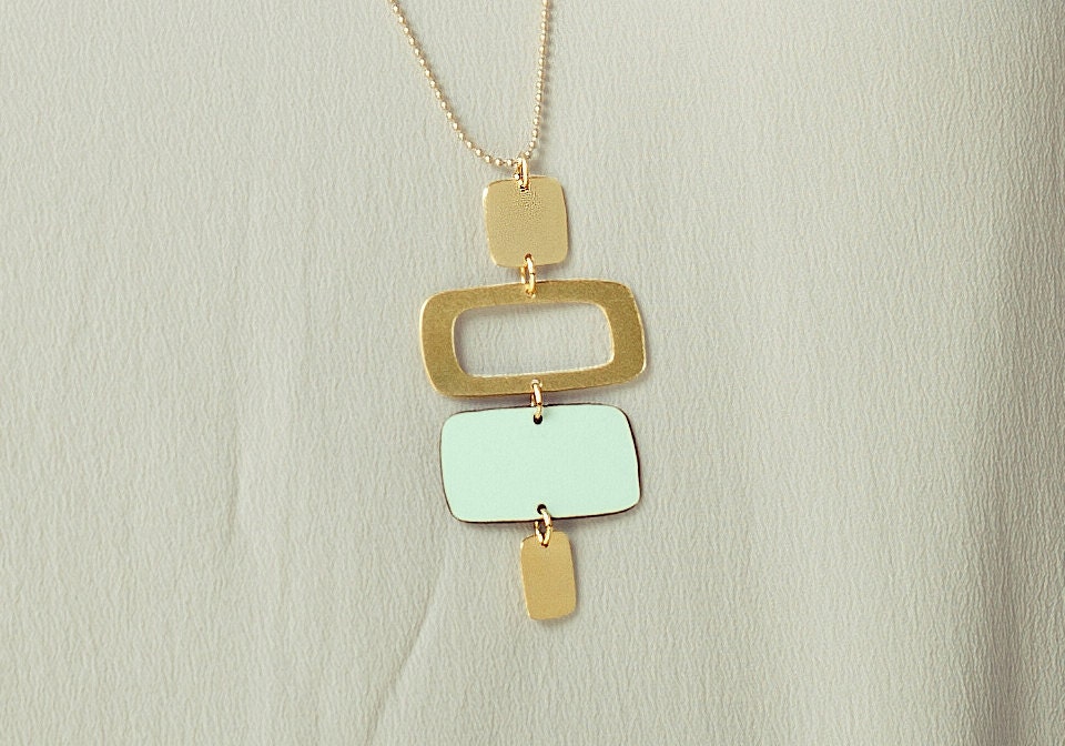Formica Long Squares Necklace, gold silver plated pastel pendant