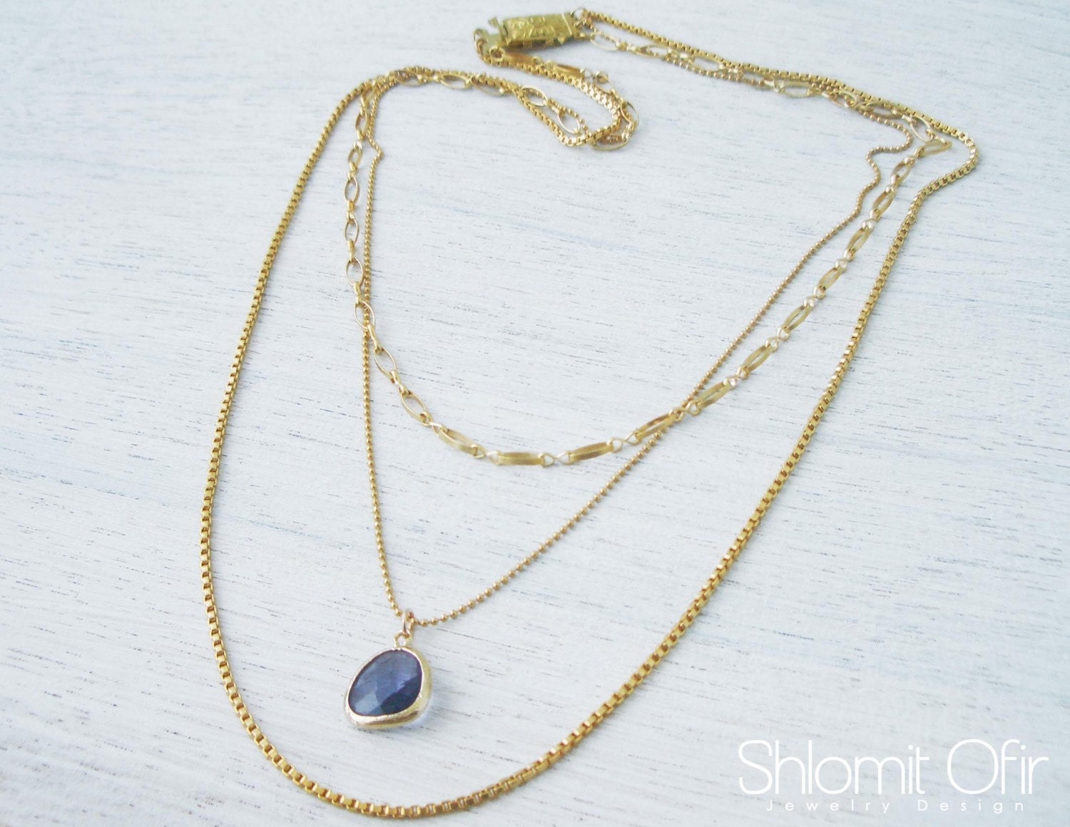Tanza Glass Layered Necklace, deep blue vintage style jewelry
