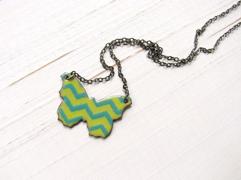 Butterfly Necklace Green Chevron Enamel Jewelry - Geometric Flutter