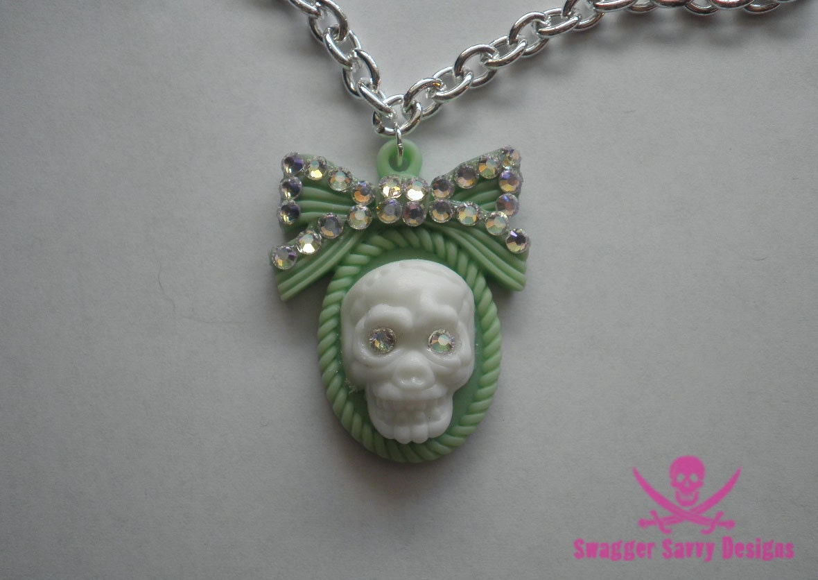 Green Bling Bow Skull Necklace with Swarovski Rhinestones
