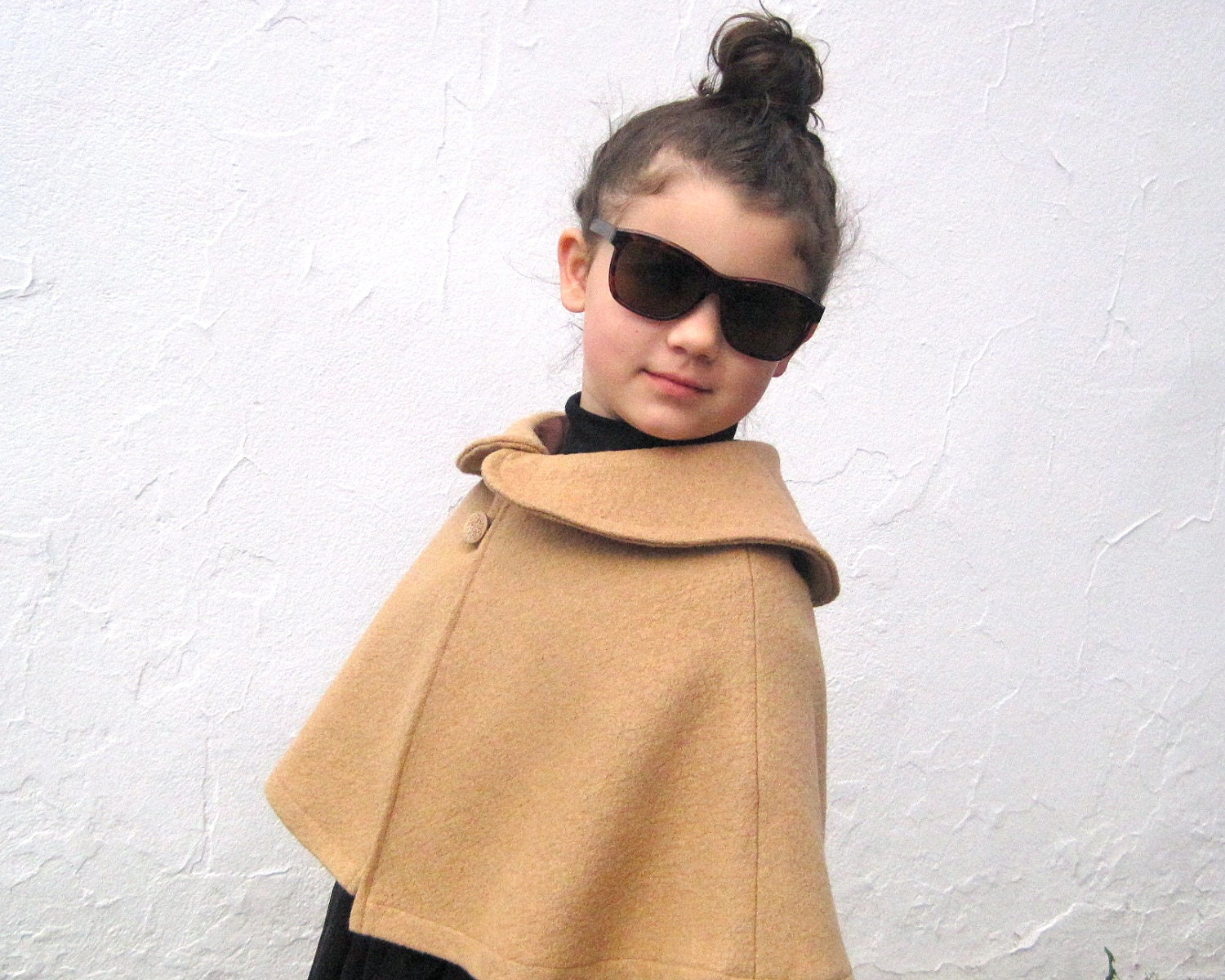 Camel Girls Cape with Peter Pan Collar - Boiled Wool Capelet  Size 3T to 5T - Brown Fall Winter Shrug - Modern Kids Fashion