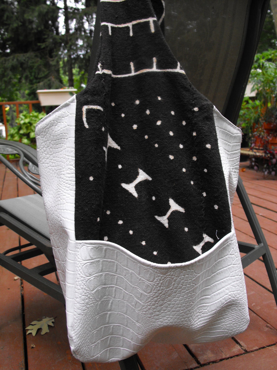 SALE  Hobo Bag White Faux Gator and Black-and-White Mudcloth